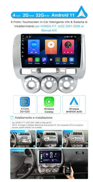 ACAVICA Android 11 Autoradio für Honda Fit Jazz 2001–2008 mit manueller Klimaanl