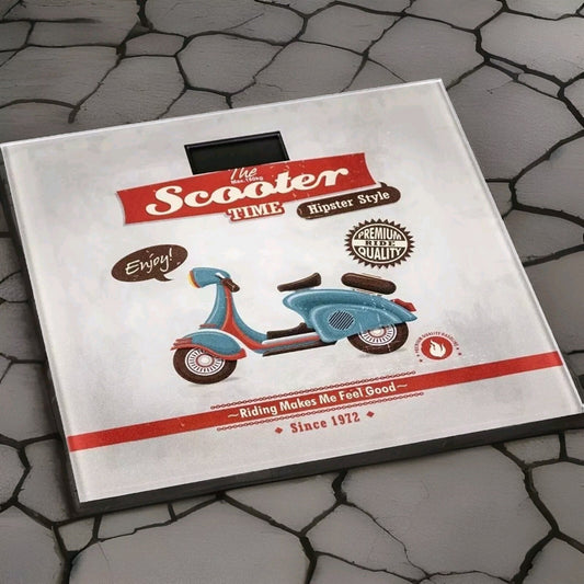 WENKO Vintage Scooter Badwaage mit LCD-Display Gehärtetes Glas 30.5 x 30.5 cm