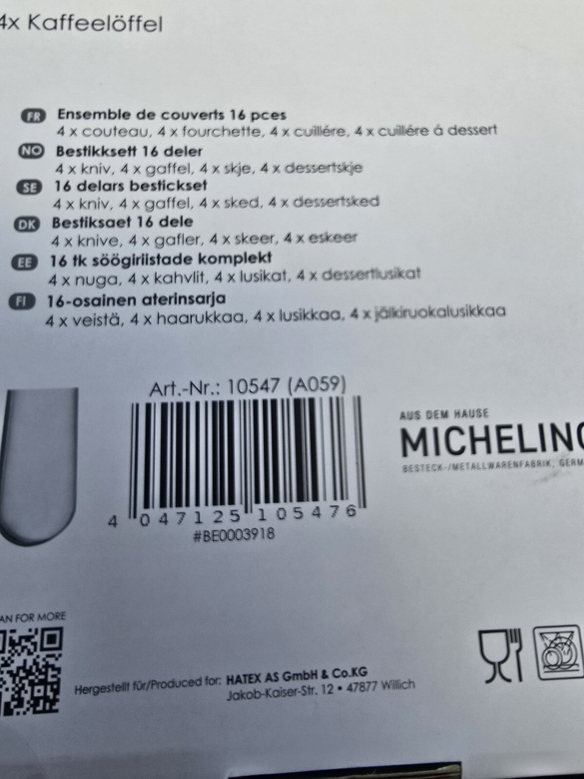 16-teiliges Besteckset von Michelino - Serie Washington 18/0 Edelstahl