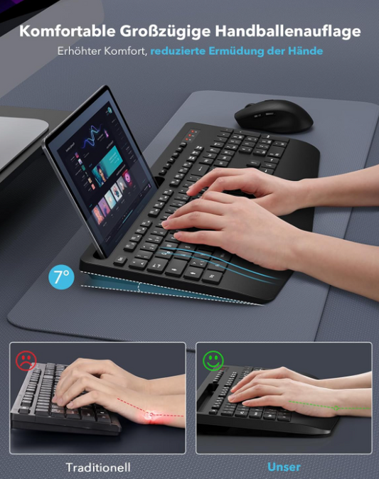 Tastatur Maus Set Kabellos, Ergonomische Tastatur in Voller Größe Mit Handgelenk