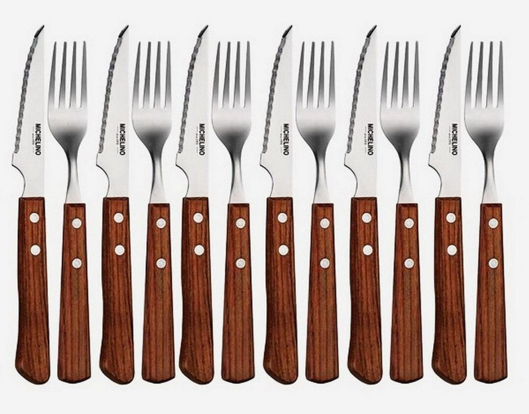 Michelino Steakbesteck Set Besteckset Gabel Messer Holzgriff 12-tlg. 6 Personen