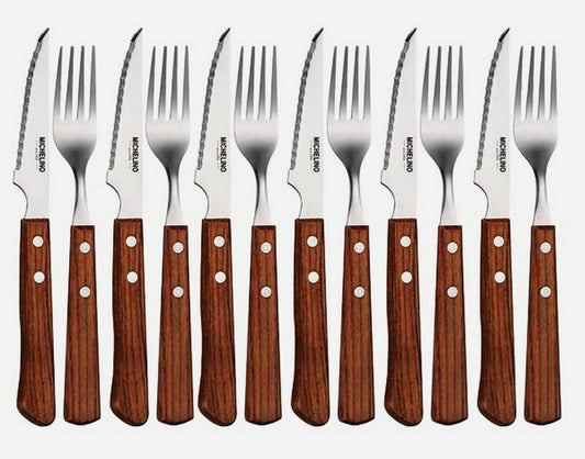 Michelino Steakbesteck Set Besteckset Gabel Messer Holzgriff 12-tlg. 6 Personen