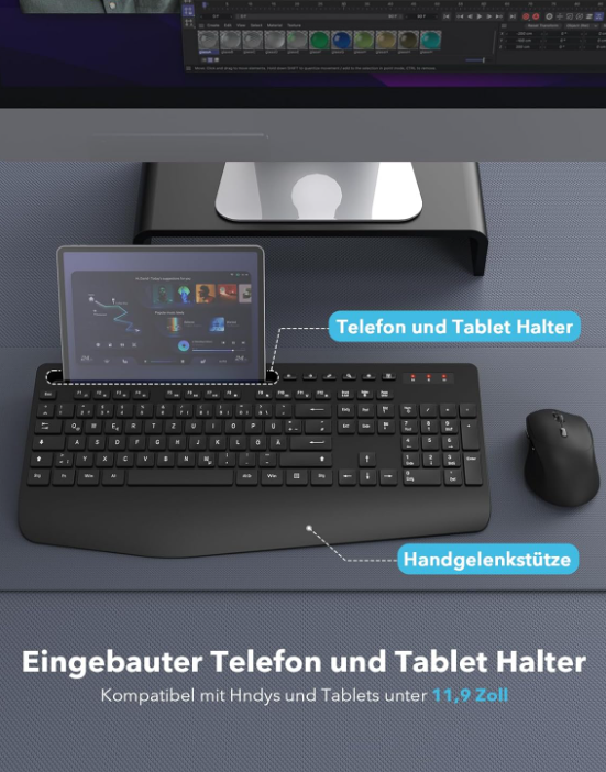 Tastatur Maus Set Kabellos, Ergonomische Tastatur in Voller Größe Mit Handgelenk